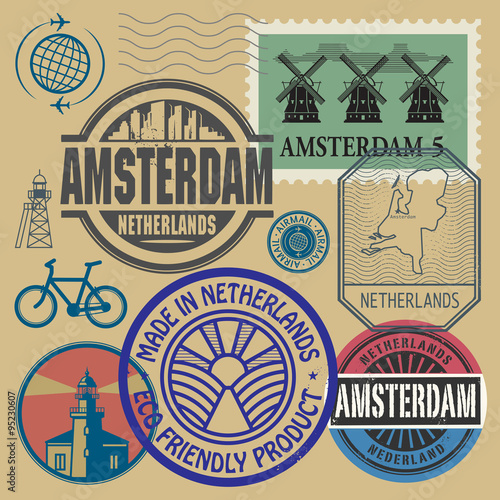 Stamps set with words Netherlands, Amsterdam inside