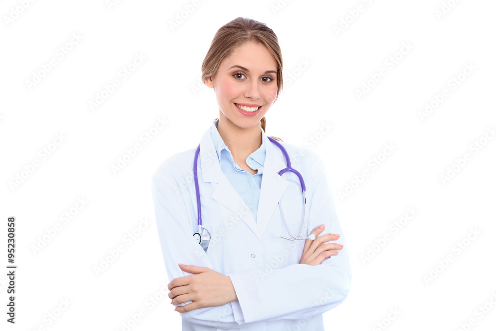 Friendly smiling young female doctor, isolated over white background Friendly smiling young female doctor, isolated over white background