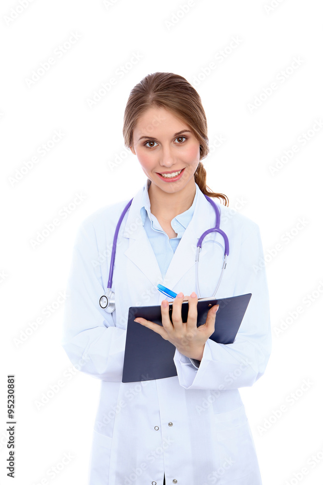 Friendly smiling young female doctor, isolated over white background Friendly smiling young female doctor, isolated over white background