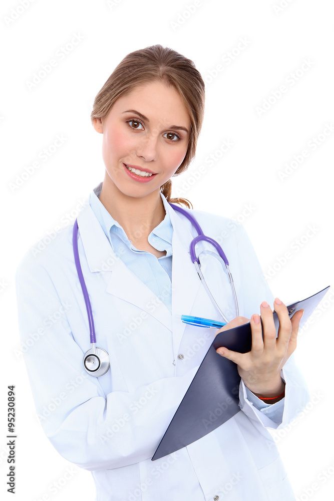 Friendly smiling young female doctor, isolated over white background Friendly smiling young female doctor, isolated over white background