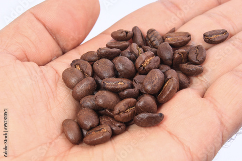 Fresh coffee beans on the hand