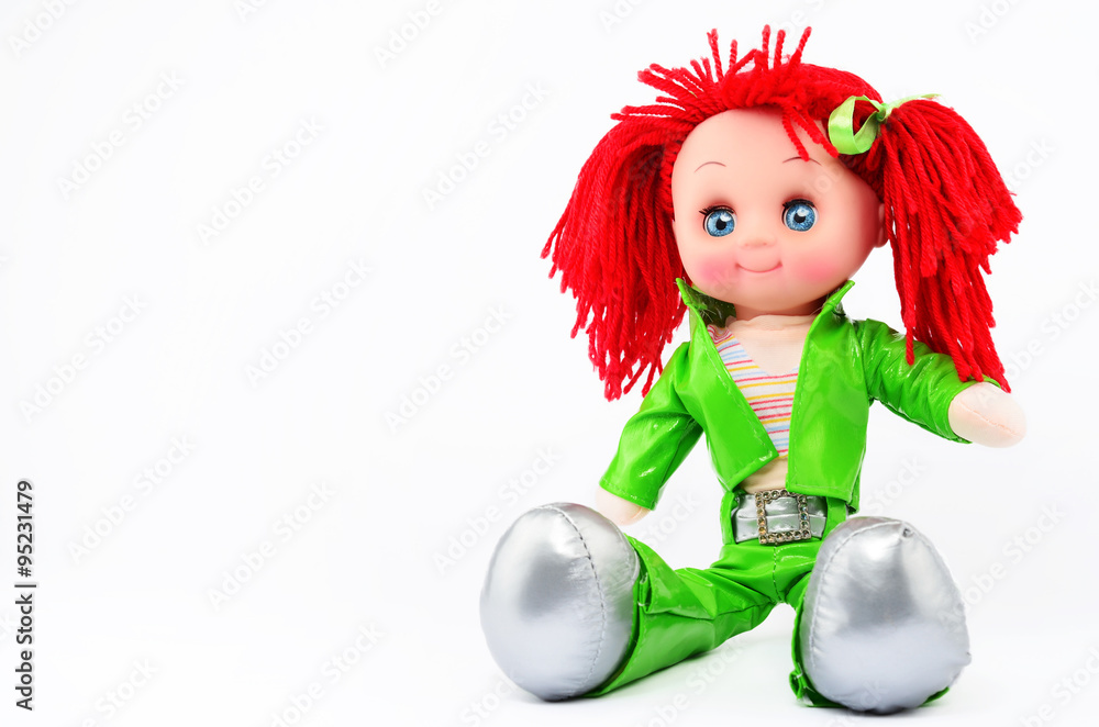 Cute handmade doll isolated on white background with copy space Cute handmade doll isolated on white background with copy space