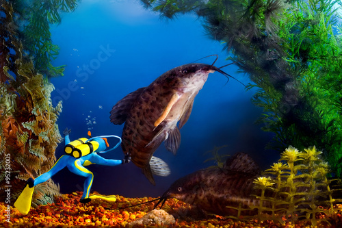 Quadro su tela plasticine diver and huge fish