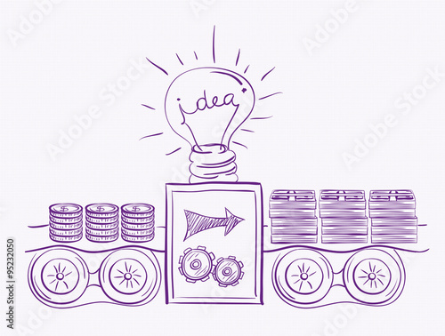Idea of making money. Machine makes money with idea. Investment scheme