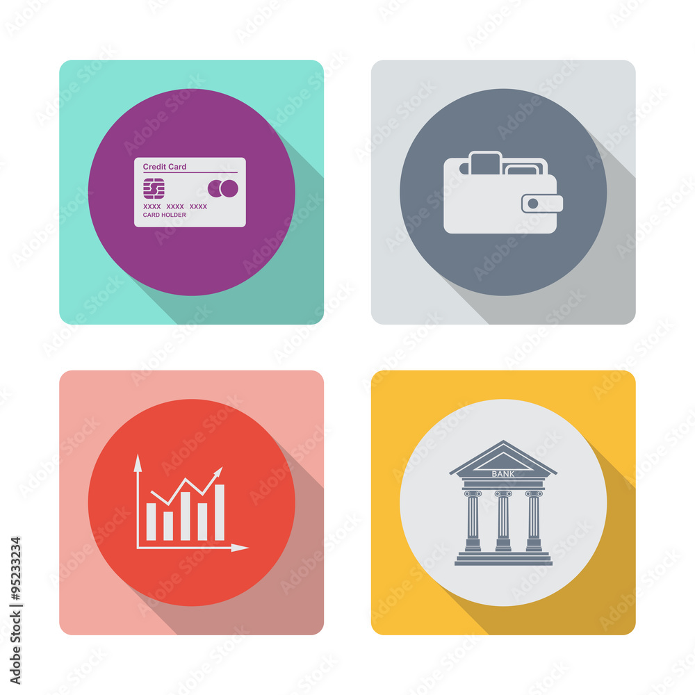 Buttons with shadow. Purse vector icon. Graph chart sign icon. Bank icon with the building facade with three pillars. Credit Card vector Icon. Buttons with shadow. Purse vector icon. Graph chart sign icon. Bank icon with the building facade with three pillars. Credit Card vector Icon.