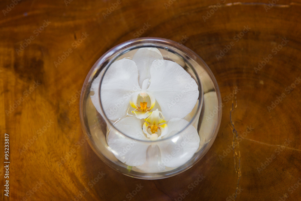 White orchid flower in glass vase with water on wooden backgroun - obrazy, fototapety, plakaty 