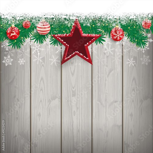 Snow Fir Twigs Wood Laths Red Stars Baubles