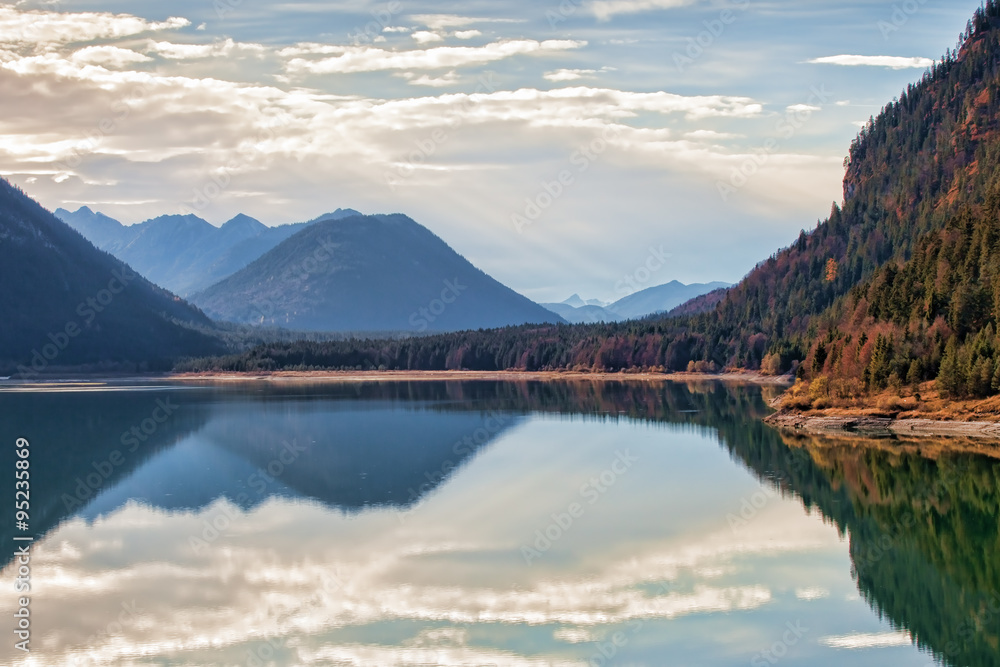 autumn panorama landscape - lake trees mountains