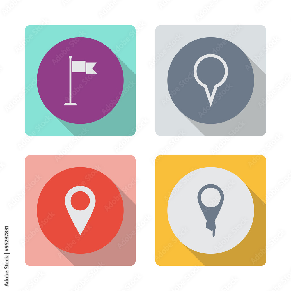 Buttons with shadow. Flag vector icon. Check mark. Map pointer vector icon. Buttons with shadow. Flag vector icon. Check mark. Map pointer vector icon.