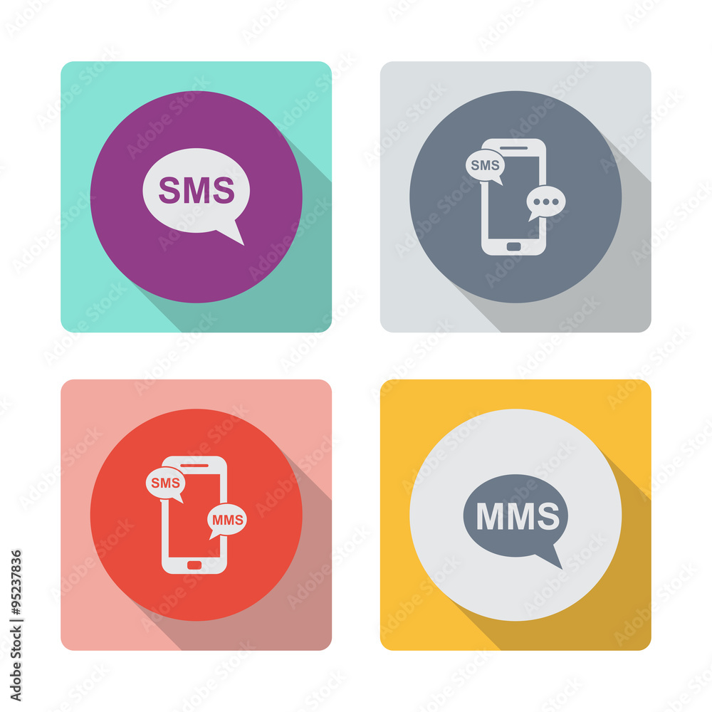Buttons with shadow. SMS cell phone text message icon. Message on mobile phone vector icon. MMS cell phone text message icon.