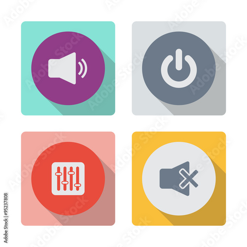Buttons with shadow. Speaker volume icon. On/Off switch - vector icon. User interface power slider buttons. Mute speaker sign icon. Sound symbol.