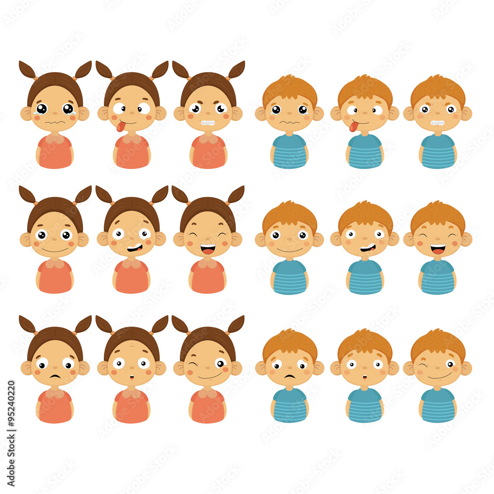 Cute Girl and Boy Faces Showing Different Emotions Cute Girl and Boy Faces Showing Different Emotions