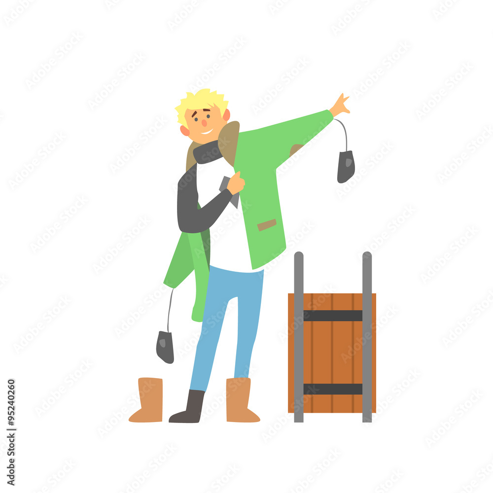 Boy Wearing Winter Clothes with Sledge, Vector Boy Wearing Winter Clothes with Sledge, Vector