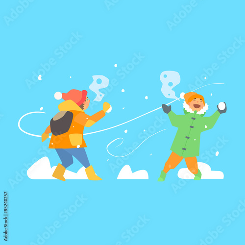 Cheerful Kids Throwing Snowballs. Vector Illustration