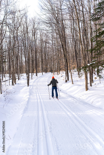 cross-country skiing in the middle of a forest covered of snow