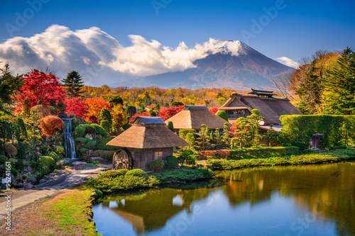 Mt. Fuji and Traditional Village in Oshinohakkai, Japan.