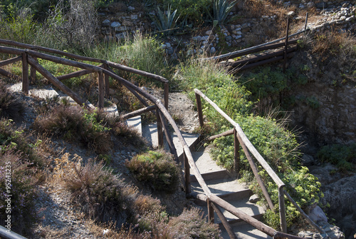 Wooden walk and stairway in the nature. Top view
