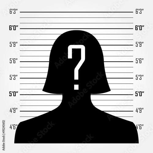 Woman silhouette with question mark in mugshot or police lineup background
