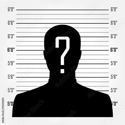 Man silhouette with question mark in mugshot or police lineup background