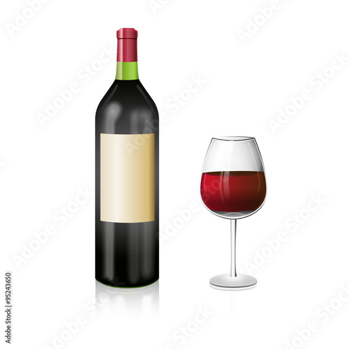 A bottle of red wine with and elegant wineglass. Realistic vecto