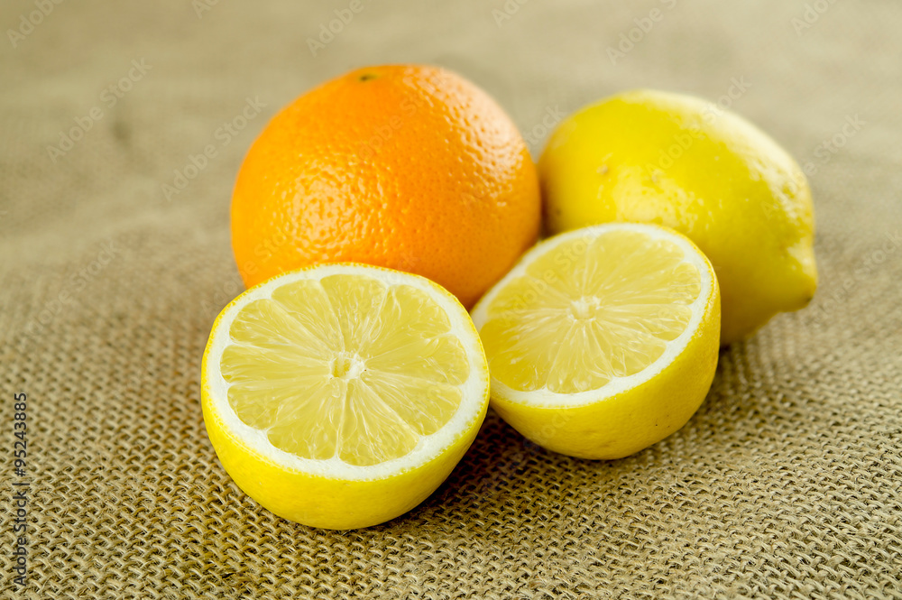 Citrus fruits on hessian