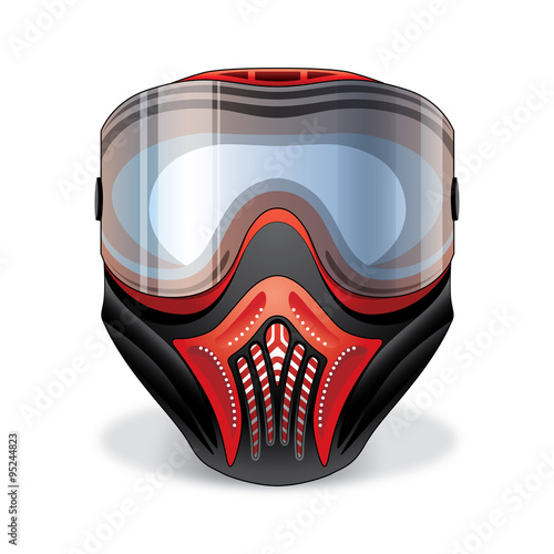 Red and black paintball mask with transparent goggles