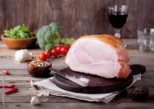 Pork ham with fresh salad and vegetables.