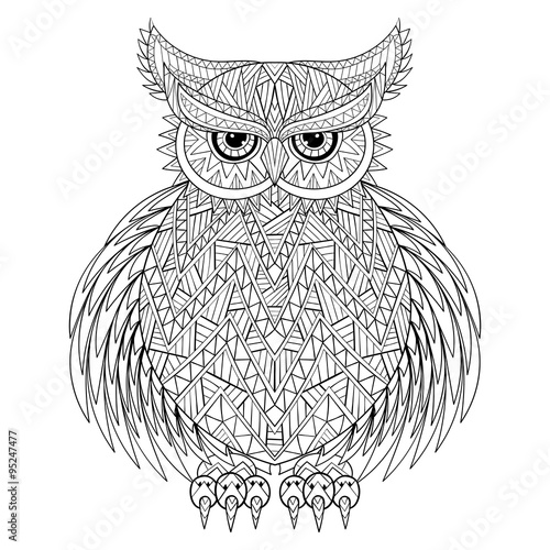 Hand drawn zentangle Owl, bird totem for adult Coloring Page in