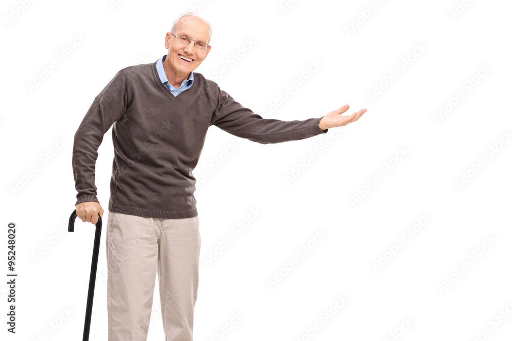Old man with a cane gesturing with his hand