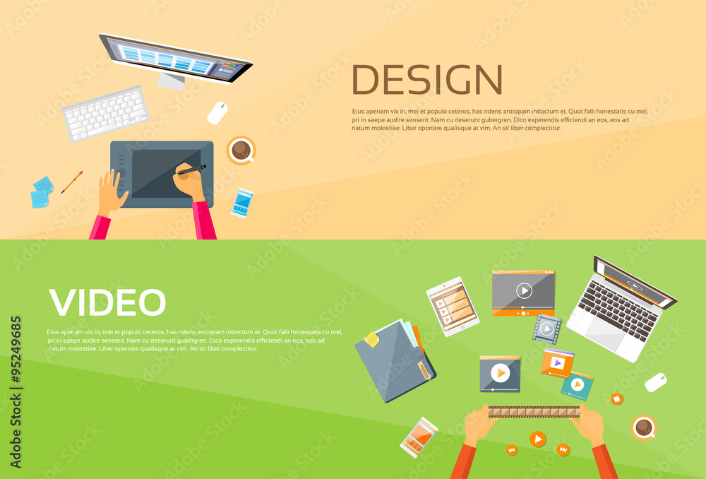 Video Editor Workplace Hands Laptop Player Web Banner