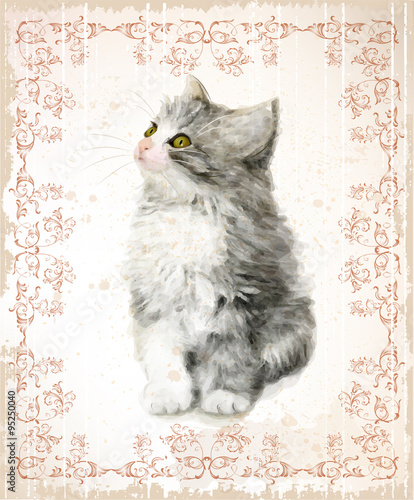Vintage card with fluffy kitten. Imitation of watercolor paintin