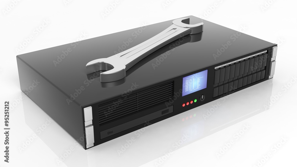 Server rack with wrench tool, isolated on white background Server rack with wrench tool, isolated on white background