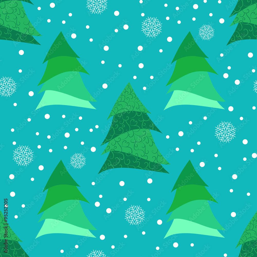 Seamless pattern with stylized Christmas tree and snowflakes.