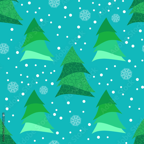 Seamless pattern with stylized Christmas tree and snowflakes. © nadezhdash