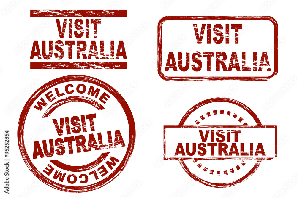 Set of stylized ink stamps showing the term visit australia. All on white background. Set of stylized ink stamps showing the term visit australia. All on white background.