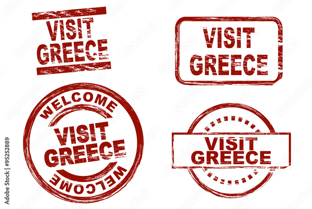 Set of stylized ink stamps showing the term visit greece. All on white background. Set of stylized ink stamps showing the term visit greece. All on white background.