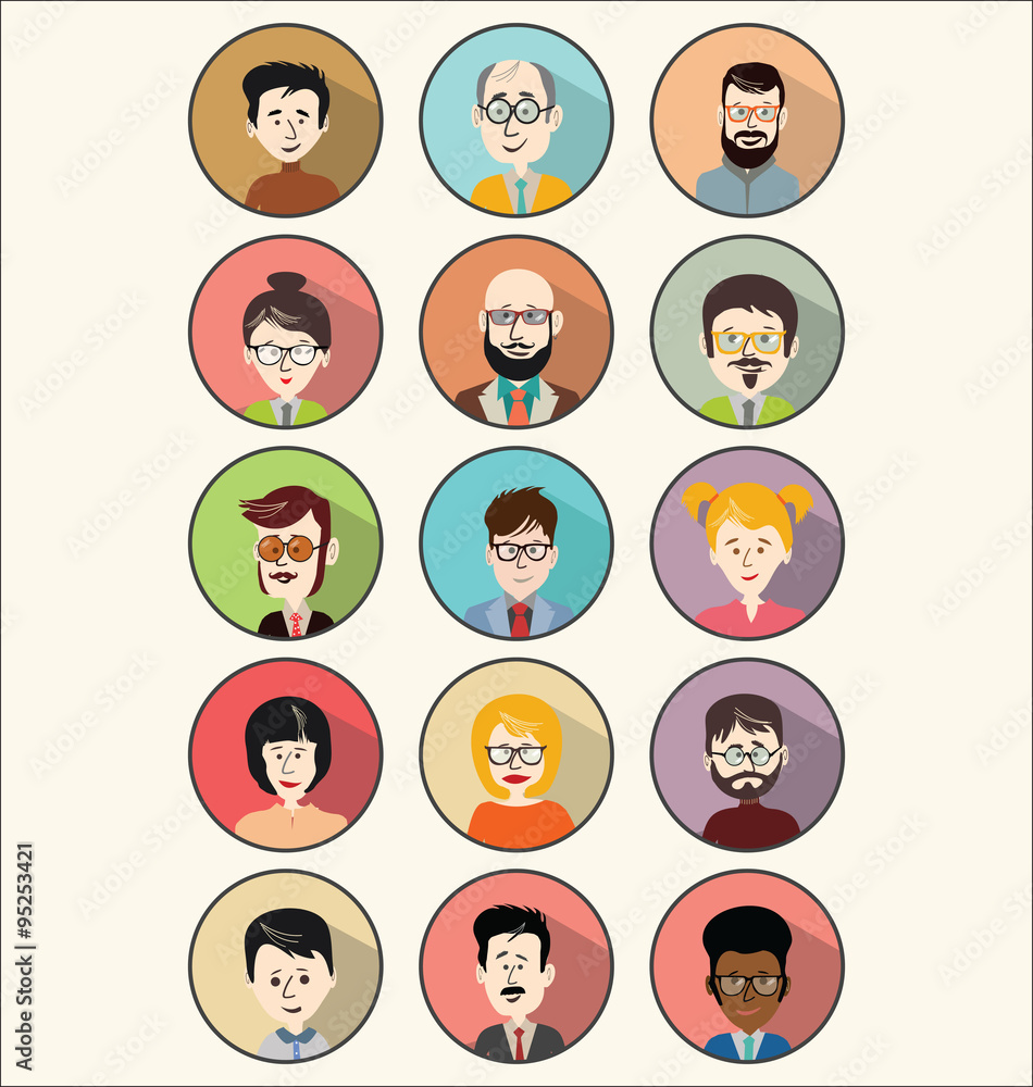 Collection of 15 colorful flat user male and female icons different characters age and race Collection of 15 colorful flat user male and female icons different characters age and race