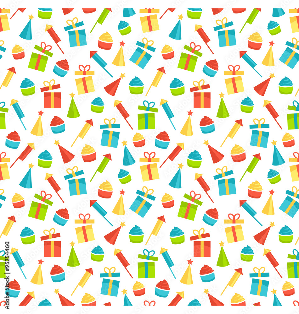 Seamless bright fun celebration festive pattern isolated on whit Seamless bright fun celebration festive pattern isolated on whit