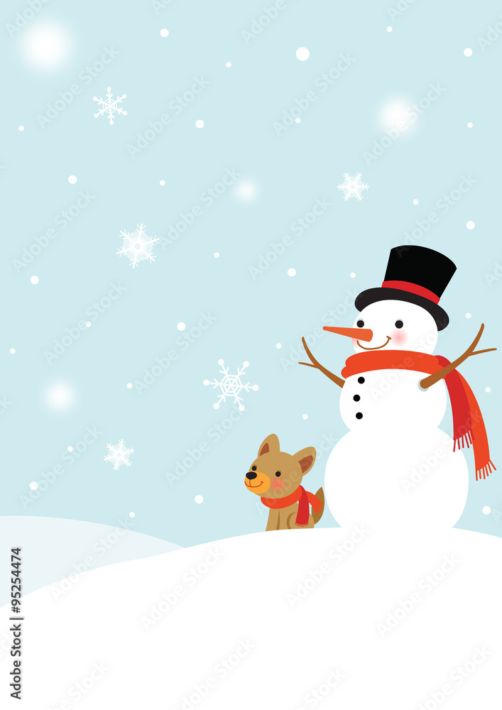 Snowman and Cute Dog - Winter background