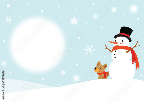 Snowman and Cute Dog in a snowy winter day