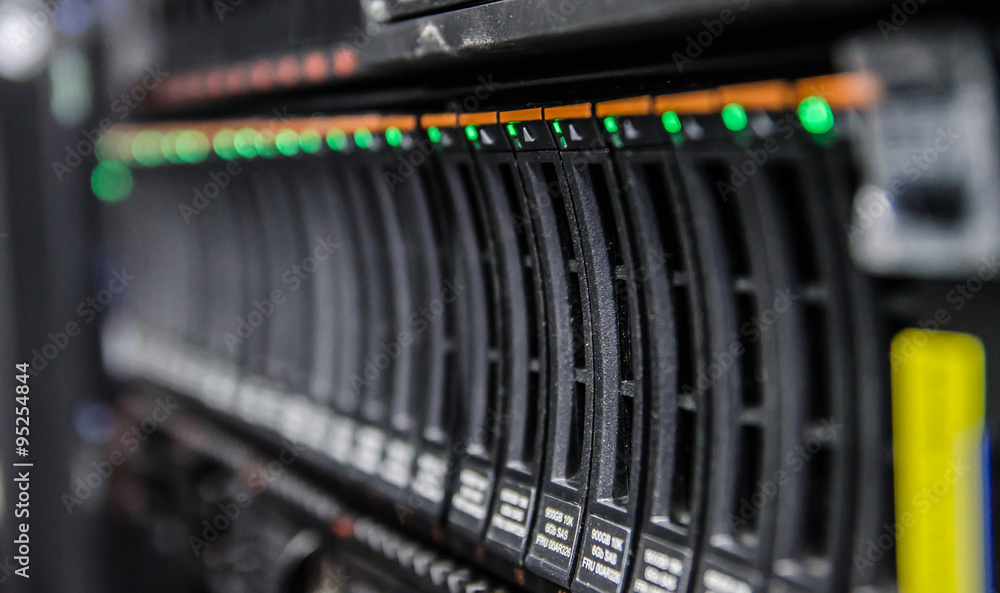 Naklejka premium network server in datacenter shallow in dept of field