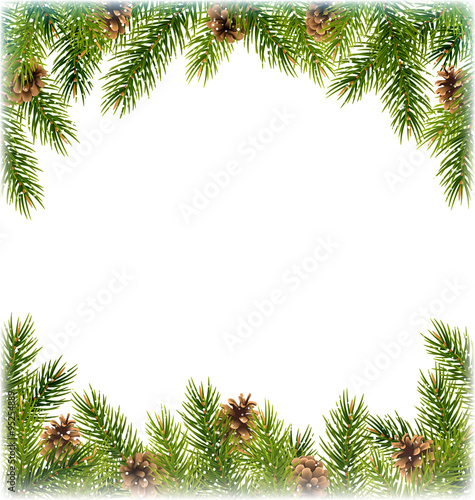 Green Christmas Tree Pine Branches with Pinecones Like Frame wit