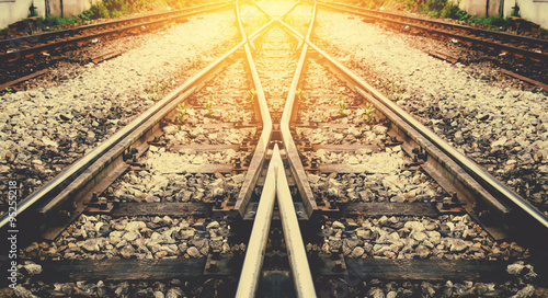 train rail way with sunlight background process on vintage