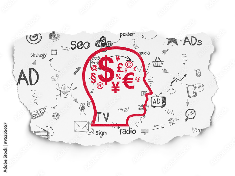 Advertising concept: Head With Finance Symbol on Torn Paper background Advertising concept: Head With Finance Symbol on Torn Paper background
