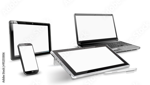 Tablet PC mit Stift, Smartphone und Notebook, freigestellt