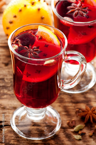 Christmas mulled wine with spices close up