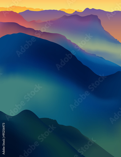 Landscape with colorful mountains at sunset or dawn.