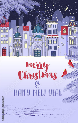 Snowed-In Winter City Christmas and New Year Greeting - Winter holidays poster with urban scene, snowed-in city street. Hand drawn whimsical style illustration