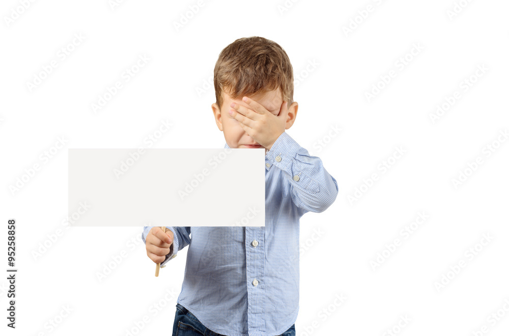 Boy holding a white blank card