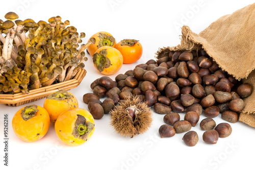 Fototapeta Naklejka Na Ścianę i Meble -  Frutti autunnali funghi cachi e castagne  su sfondo bianco
